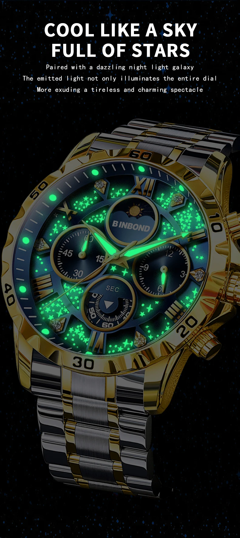BINBOND Orginal Brand Quartz Watches For Men Luxury Luminous Stainless Steel Chronograph Men's Watch Hombre Elegante Reloj