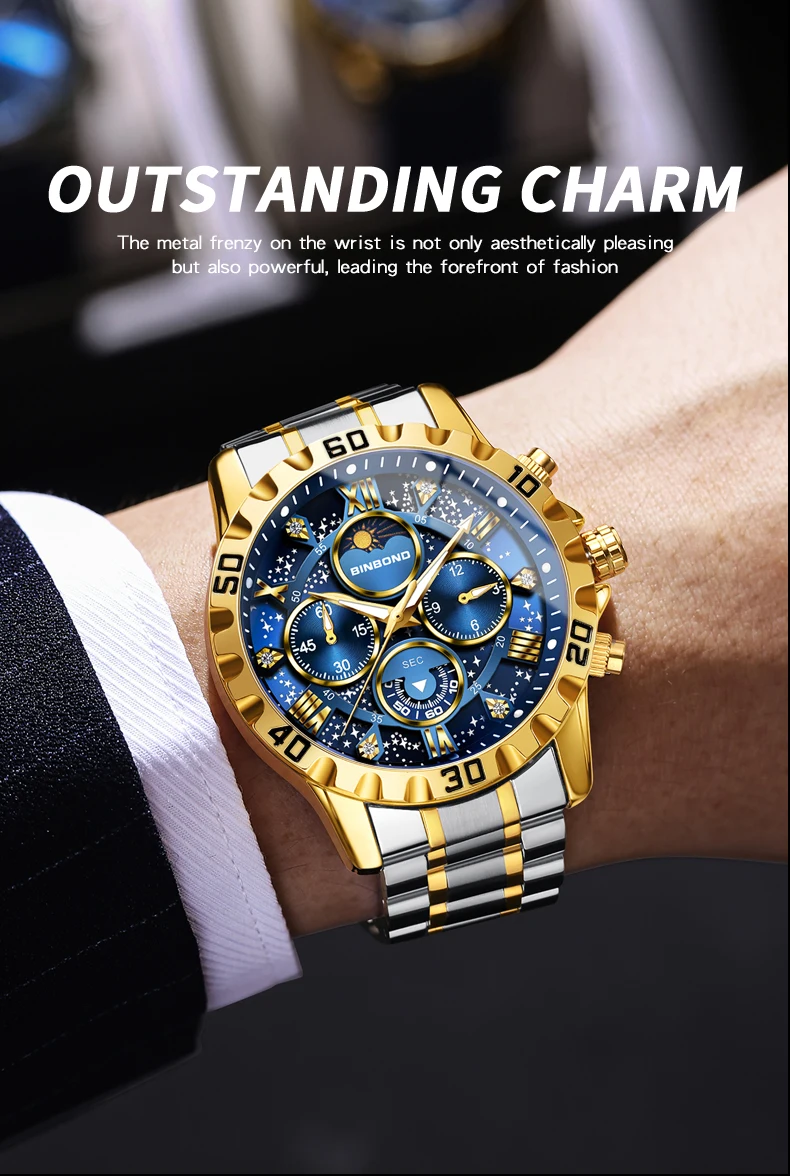 BINBOND Orginal Brand Quartz Watches For Men Luxury Luminous Stainless Steel Chronograph Men's Watch Hombre Elegante Reloj
