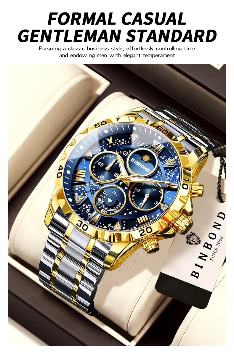 BINBOND Orginal Brand Quartz Watches For Men Luxury Luminous Stainless Steel Chronograph Men's Watch Hombre Elegante Reloj