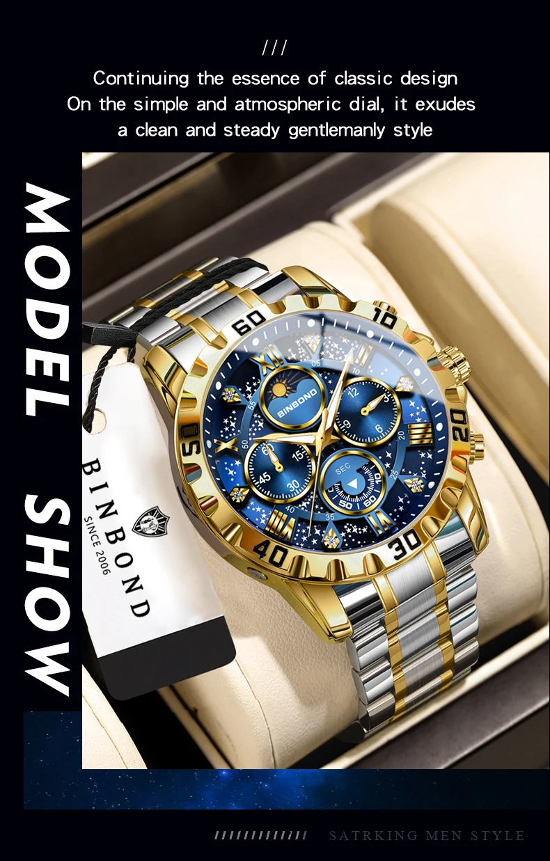 BINBOND Orginal Brand Quartz Watches For Men Luxury Luminous Stainless Steel Chronograph Men's Watch Hombre Elegante Reloj