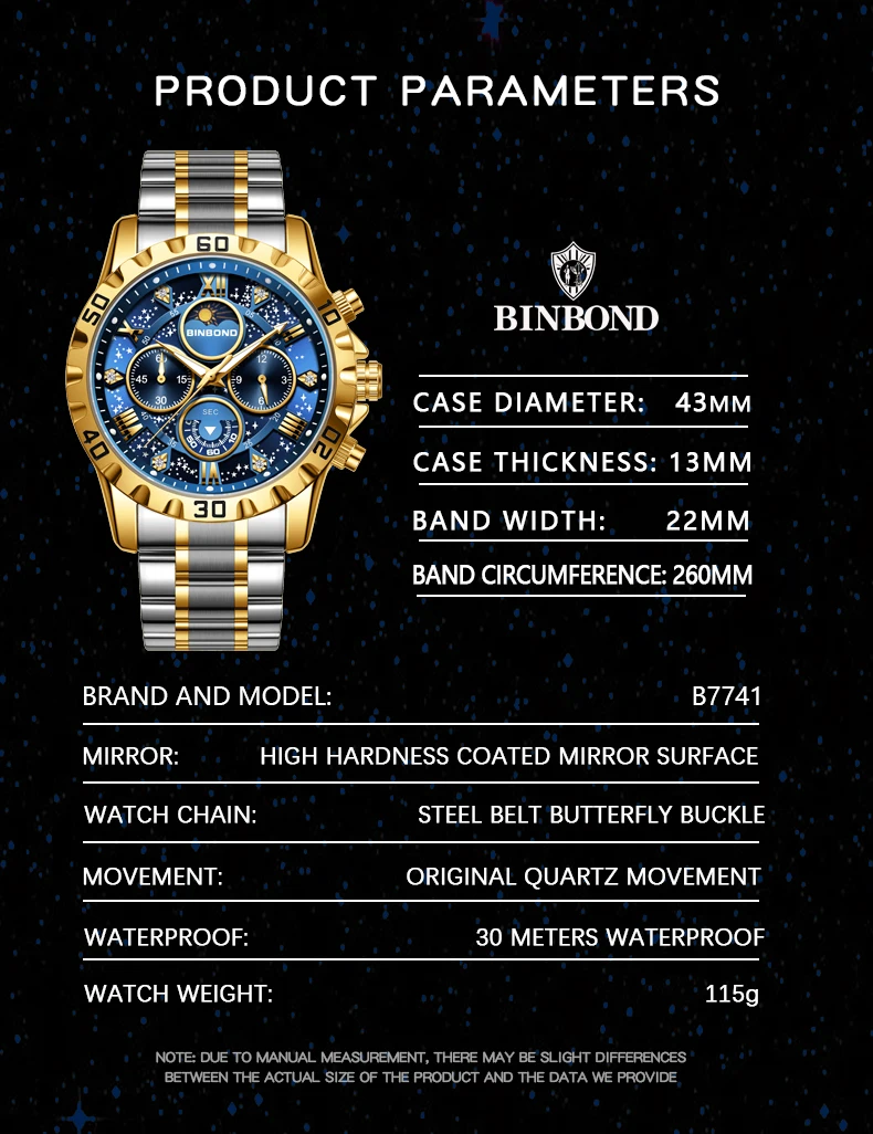 BINBOND Orginal Brand Quartz Watches For Men Luxury Luminous Stainless Steel Chronograph Men's Watch Hombre Elegante Reloj