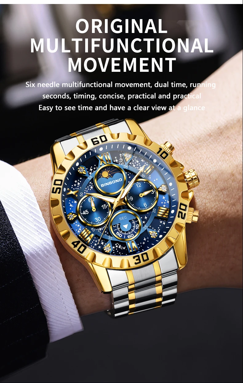 BINBOND Orginal Brand Quartz Watches For Men Luxury Luminous Stainless Steel Chronograph Men's Watch Hombre Elegante Reloj