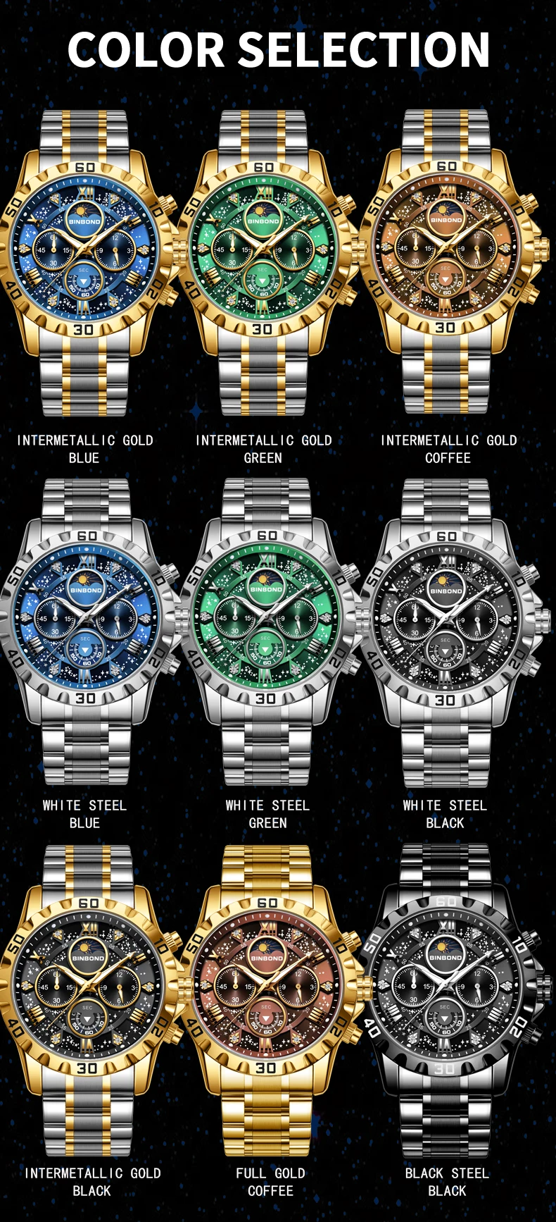 BINBOND Orginal Brand Quartz Watches For Men Luxury Luminous Stainless Steel Chronograph Men's Watch Hombre Elegante Reloj