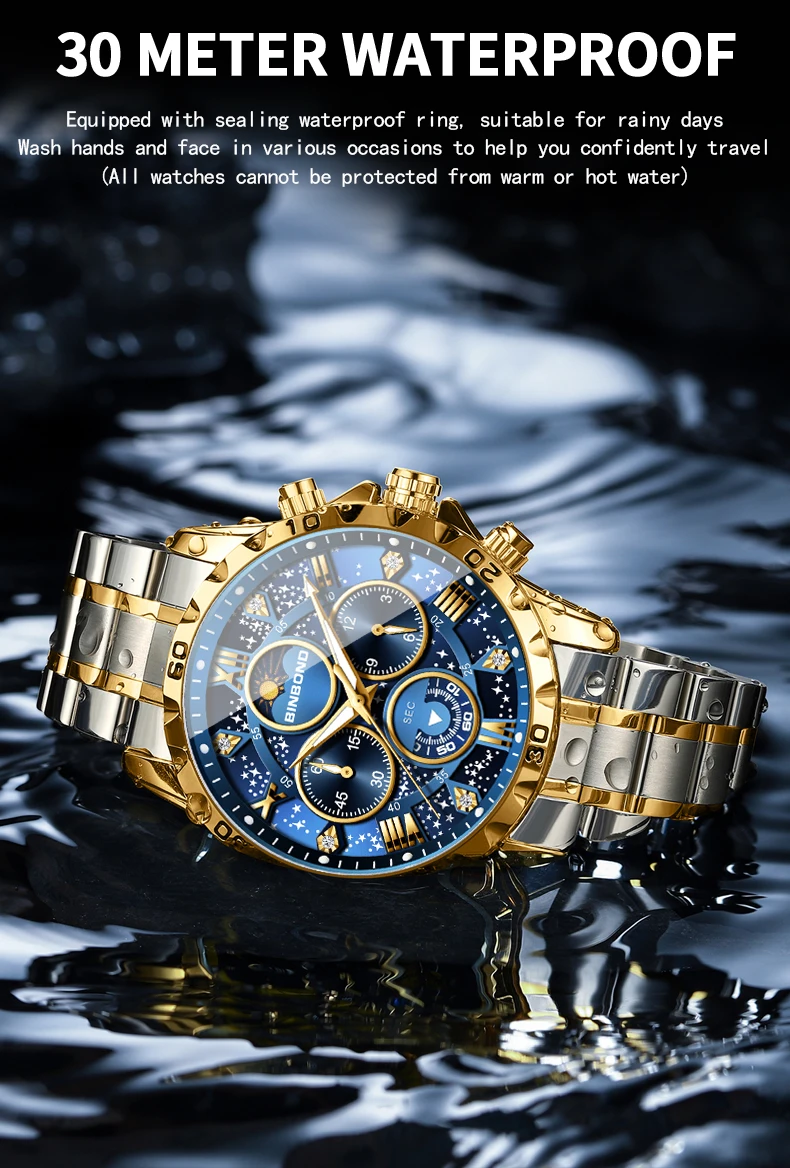 BINBOND Orginal Brand Quartz Watches For Men Luxury Luminous Stainless Steel Chronograph Men's Watch Hombre Elegante Reloj