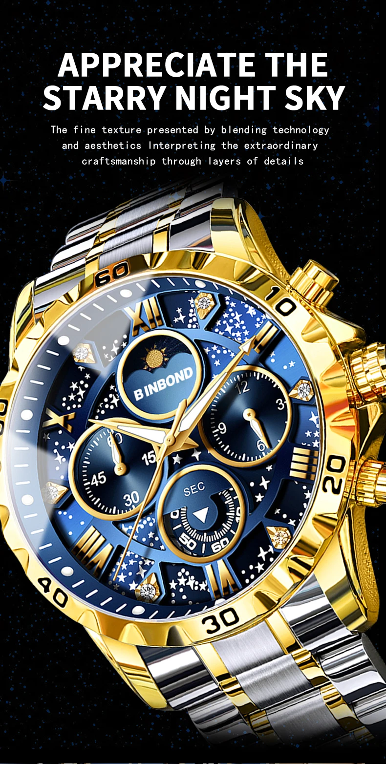 BINBOND Orginal Brand Quartz Watches For Men Luxury Luminous Stainless Steel Chronograph Men's Watch Hombre Elegante Reloj