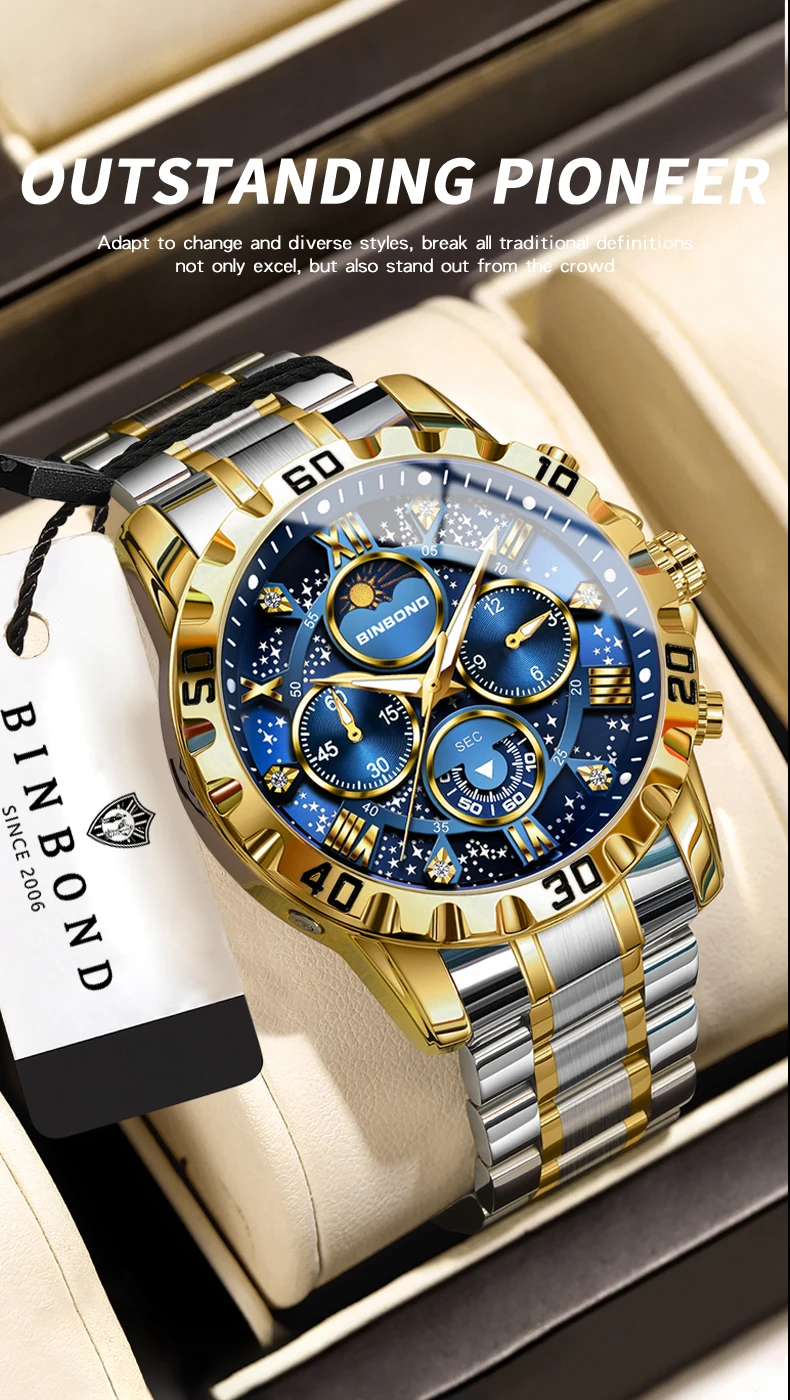 BINBOND Orginal Brand Quartz Watches For Men Luxury Luminous Stainless Steel Chronograph Men's Watch Hombre Elegante Reloj