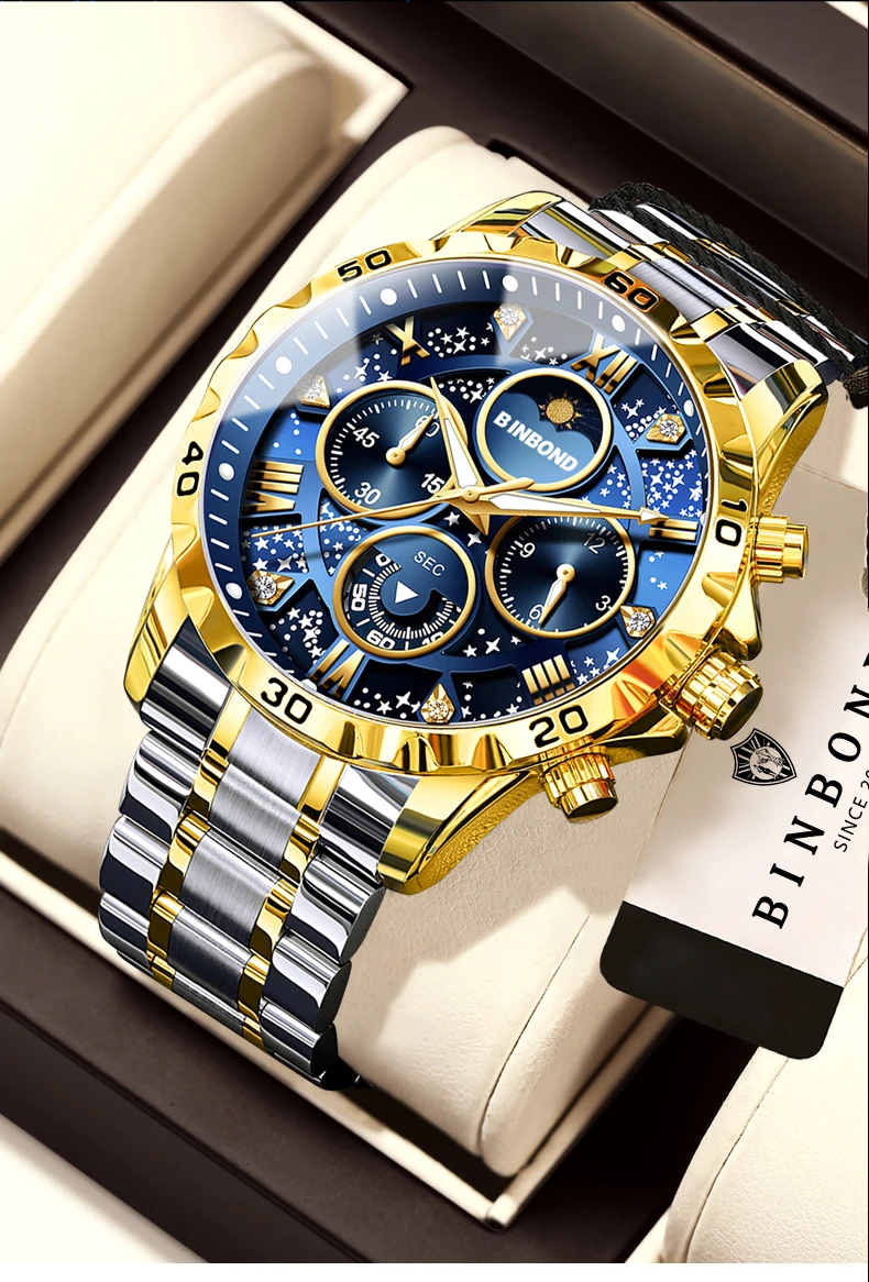 BINBOND Orginal Brand Quartz Watches For Men Luxury Luminous Stainless Steel Chronograph Men's Watch Hombre Elegante Reloj