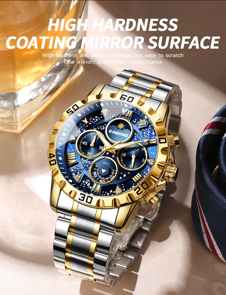 BINBOND Orginal Brand Quartz Watches For Men Luxury Luminous Stainless Steel Chronograph Men's Watch Hombre Elegante Reloj