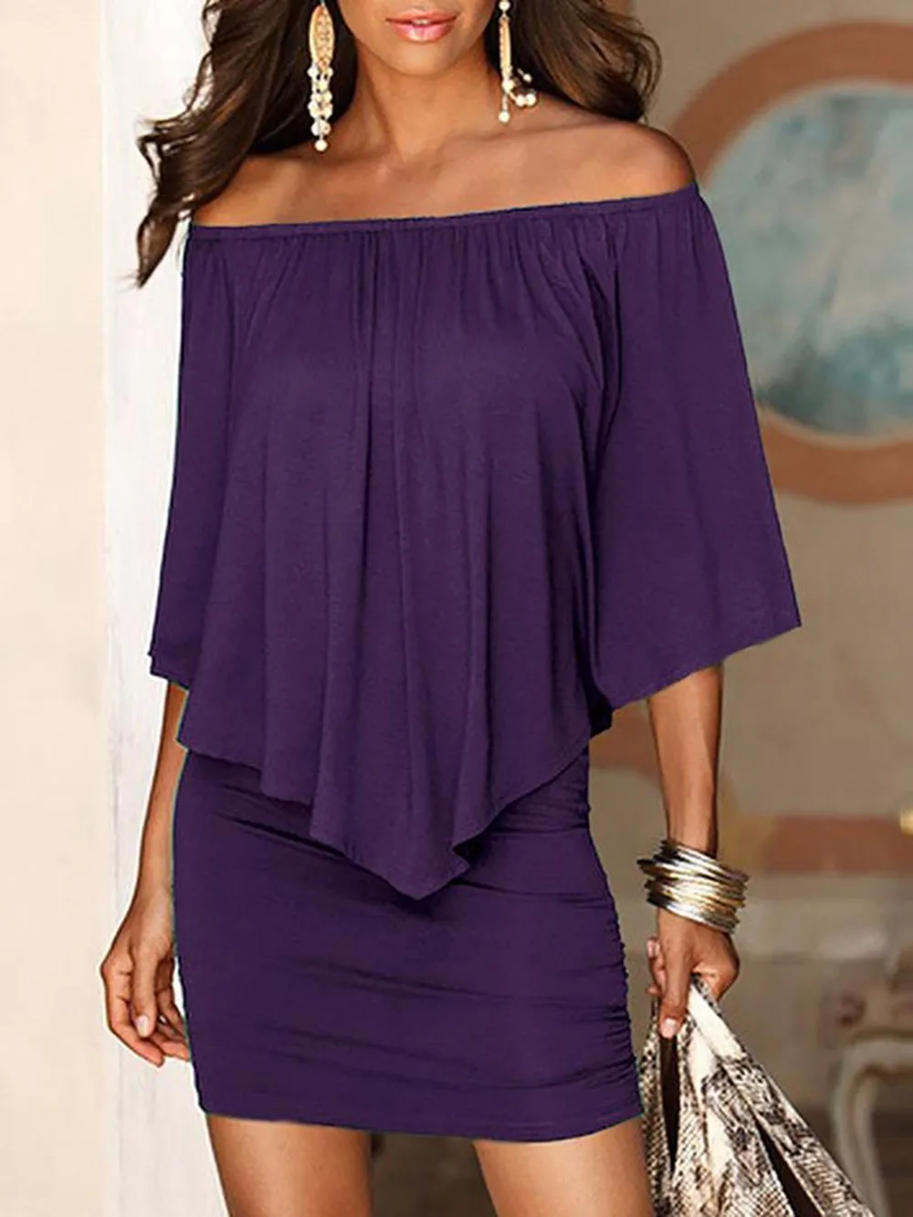 2025 Spring/Summer New Fashion Slash Neck Geometric Irregular Ruffles Wrapped Hips Dresses Casual Elegant Sexy Women Mini Dress