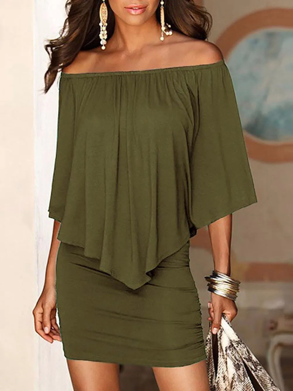 2025 Spring/Summer New Fashion Slash Neck Geometric Irregular Ruffles Wrapped Hips Dresses Casual Elegant Sexy Women Mini Dress