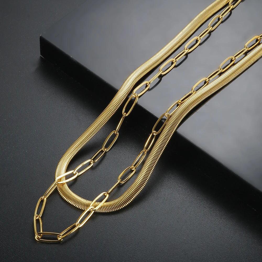 Vintage Punk Double Layer Snake Chain On The Neck Choker Pendant Necklace For Women Golden Thick Chain Stainless Steel Jewelry