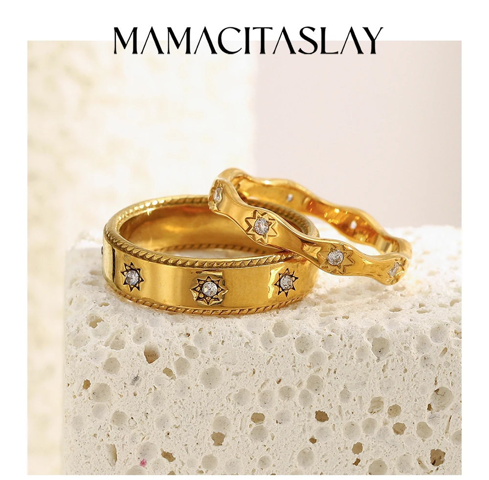MamacitaSlay 316L Stainless Steel Zircon Star Ring 18K Gold Plated Waterproof Jewelry Women's Classic Ring High Quality Gift