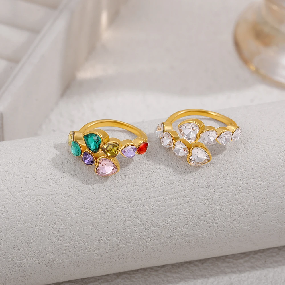 Waterproof Luxury Cubic Zirconia Heart Stainless Steel Open Ring for Women Luxury Gold Color Adjustable Charm Fashion Jewelry