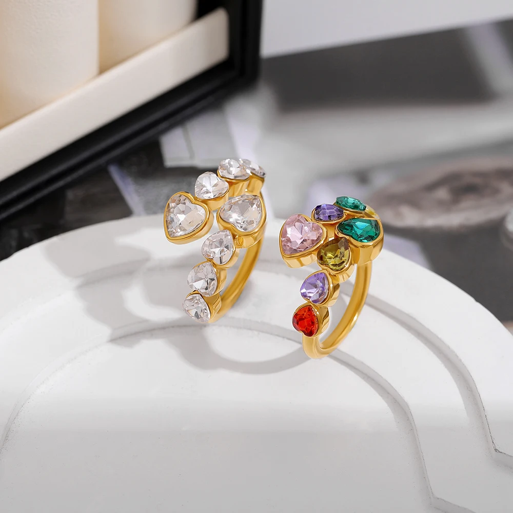 Waterproof Luxury Cubic Zirconia Heart Stainless Steel Open Ring for Women Luxury Gold Color Adjustable Charm Fashion Jewelry