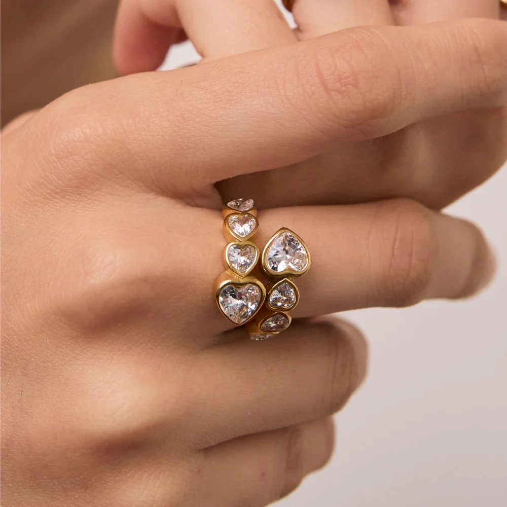 Waterproof Luxury Cubic Zirconia Heart Stainless Steel Open Ring for Women Luxury Gold Color Adjustable Charm Fashion Jewelry