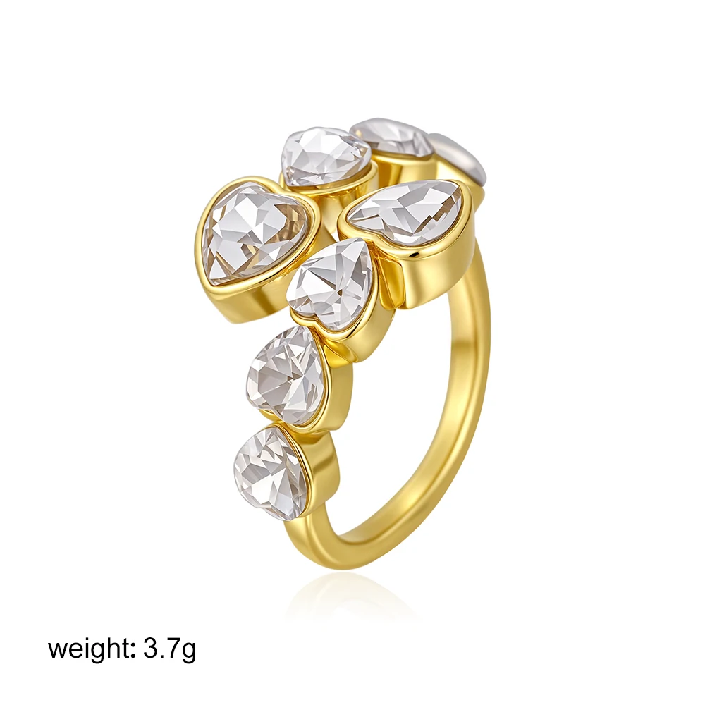Waterproof Luxury Cubic Zirconia Heart Stainless Steel Open Ring for Women Luxury Gold Color Adjustable Charm Fashion Jewelry