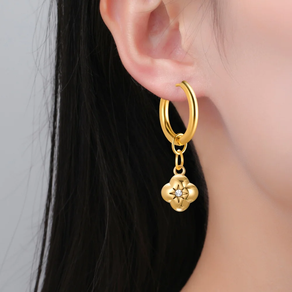 Skyrim Heart Star Shell Flower Clear Zircon Drop Earring Stainless Steel Gold Color Minimalist Hoop Earrings Women Jewelry Gift