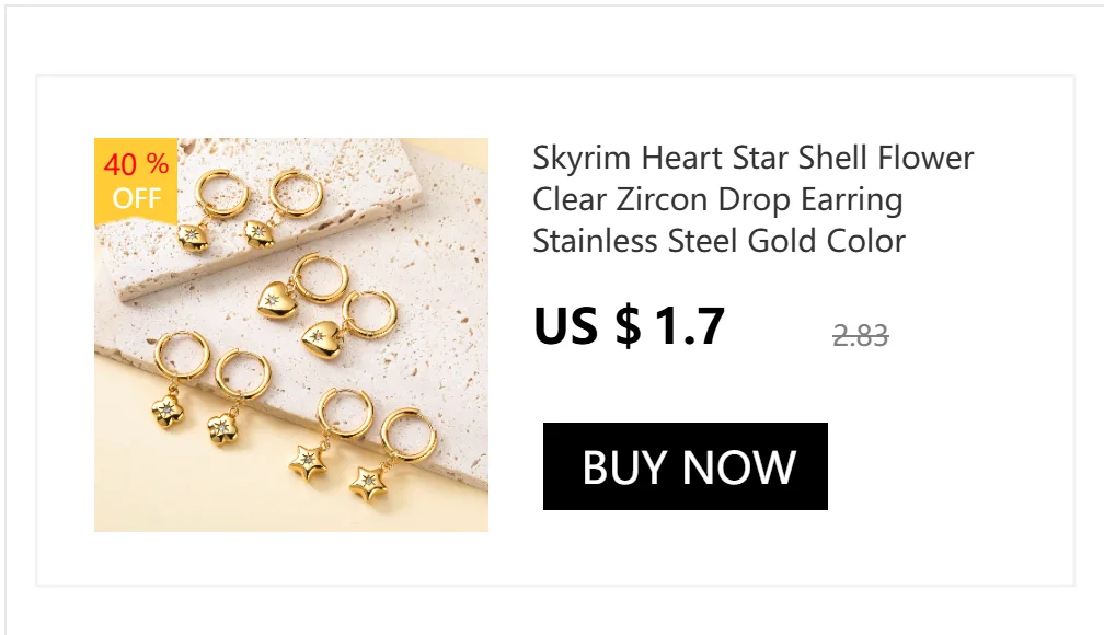 Skyrim Heart Star Shell Flower Clear Zircon Drop Earring Stainless Steel Gold Color Minimalist Hoop Earrings Women Jewelry Gift
