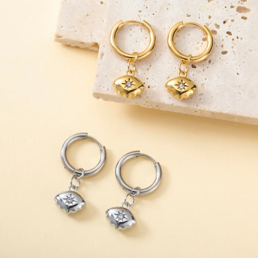 Skyrim Heart Star Shell Flower Clear Zircon Drop Earring Stainless Steel Gold Color Minimalist Hoop Earrings Women Jewelry Gift