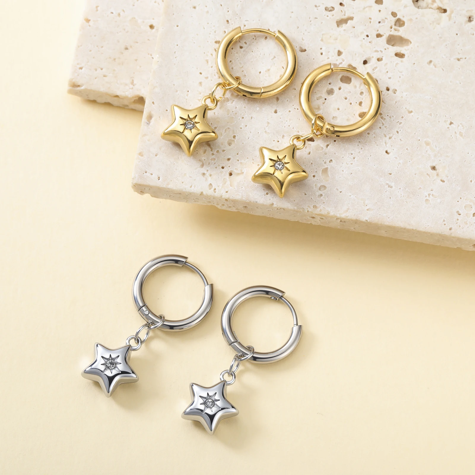 Skyrim Heart Star Shell Flower Clear Zircon Drop Earring Stainless Steel Gold Color Minimalist Hoop Earrings Women Jewelry Gift
