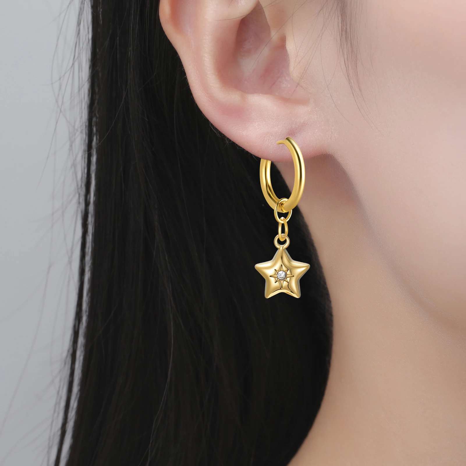 Skyrim Heart Star Shell Flower Clear Zircon Drop Earring Stainless Steel Gold Color Minimalist Hoop Earrings Women Jewelry Gift