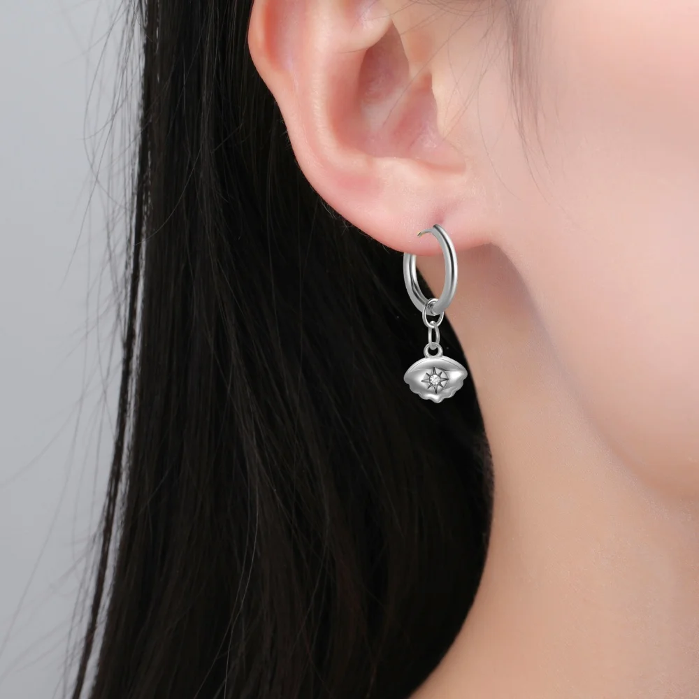 Skyrim Heart Star Shell Flower Clear Zircon Drop Earring Stainless Steel Gold Color Minimalist Hoop Earrings Women Jewelry Gift