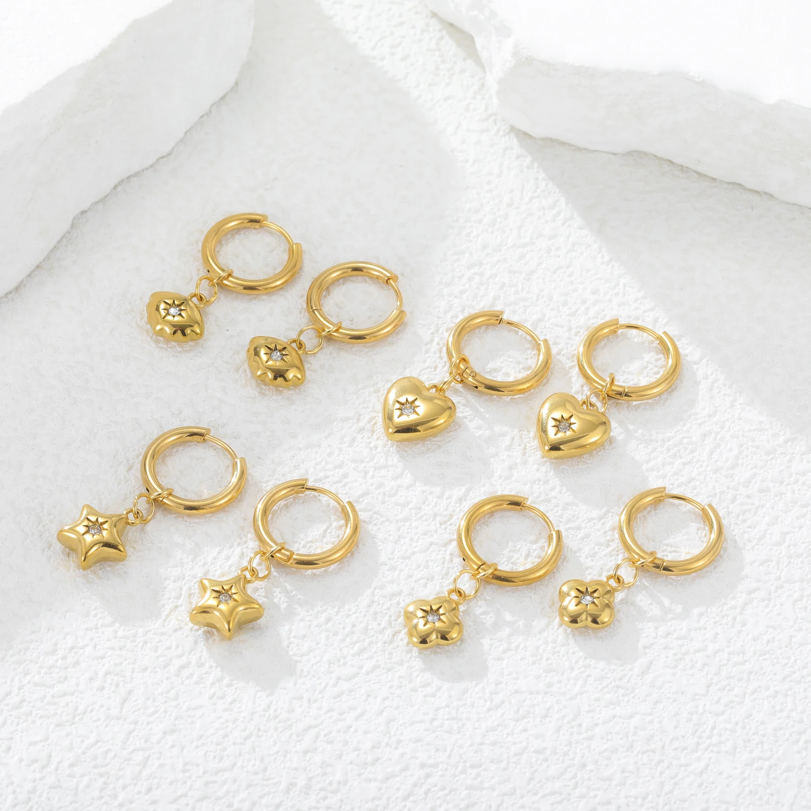 Skyrim Heart Star Shell Flower Clear Zircon Drop Earring Stainless Steel Gold Color Minimalist Hoop Earrings Women Jewelry Gift