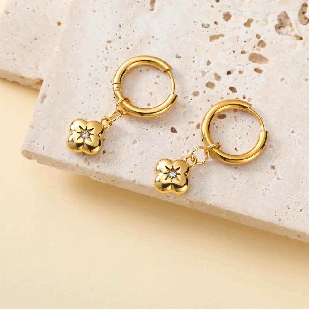 Skyrim Heart Star Shell Flower Clear Zircon Drop Earring Stainless Steel Gold Color Minimalist Hoop Earrings Women Jewelry Gift