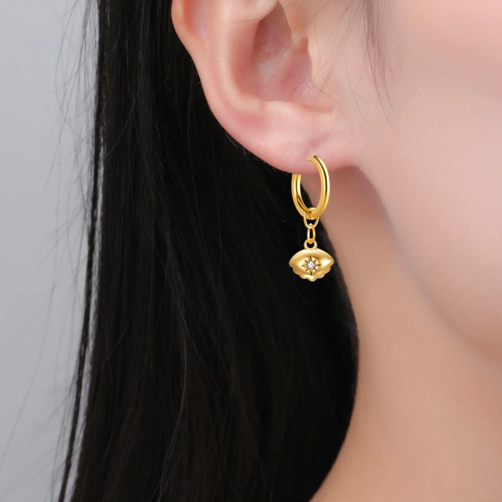 Skyrim Heart Star Shell Flower Clear Zircon Drop Earring Stainless Steel Gold Color Minimalist Hoop Earrings Women Jewelry Gift