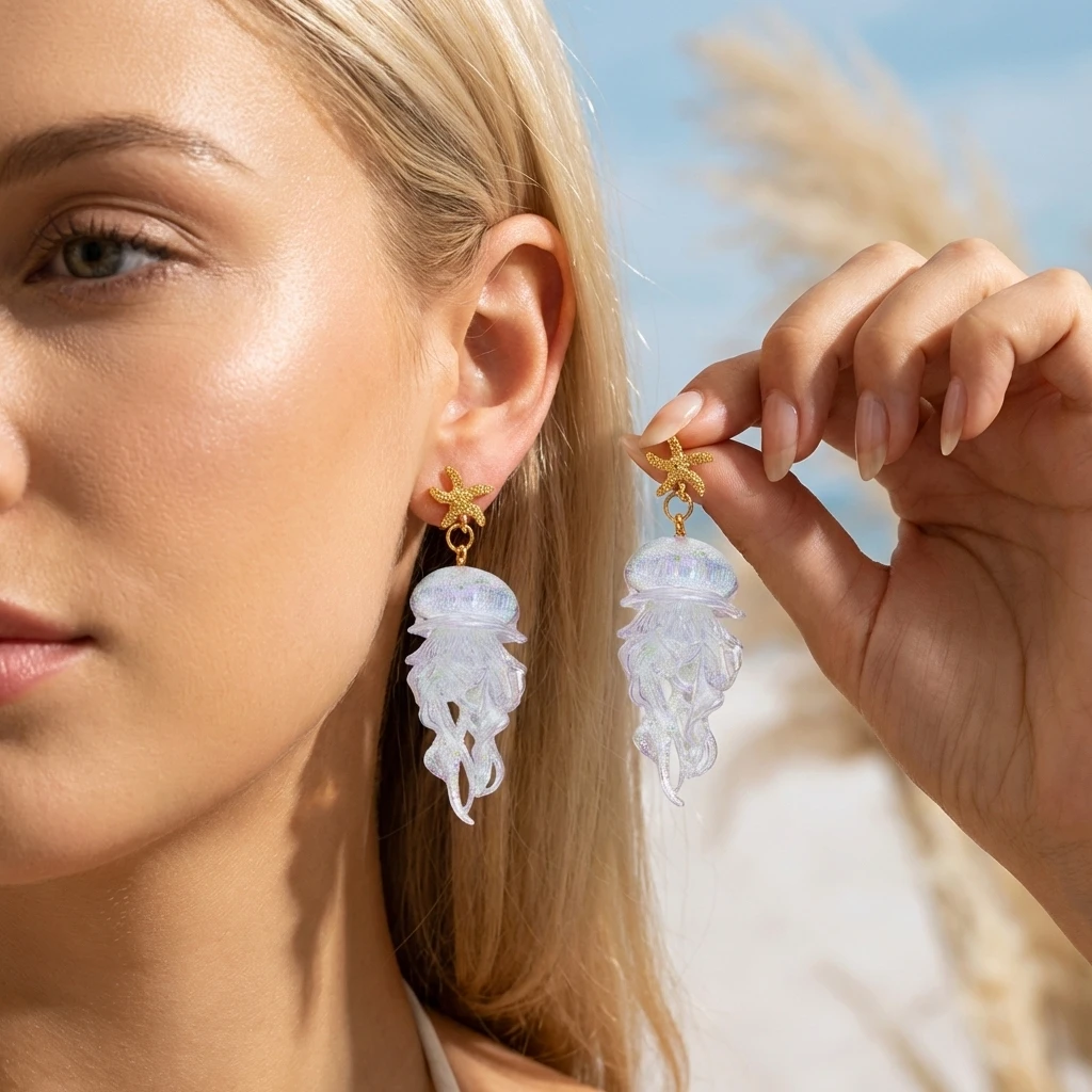 Vacation Sweet Drop Earrings For Women Starfish Gradient Jellyfish Acrylic Lightweight Beachwear Jewelry