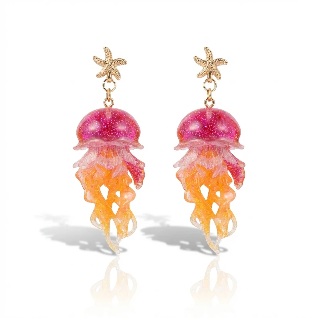 Vacation Sweet Drop Earrings For Women Starfish Gradient Jellyfish Acrylic Lightweight Beachwear Jewelry