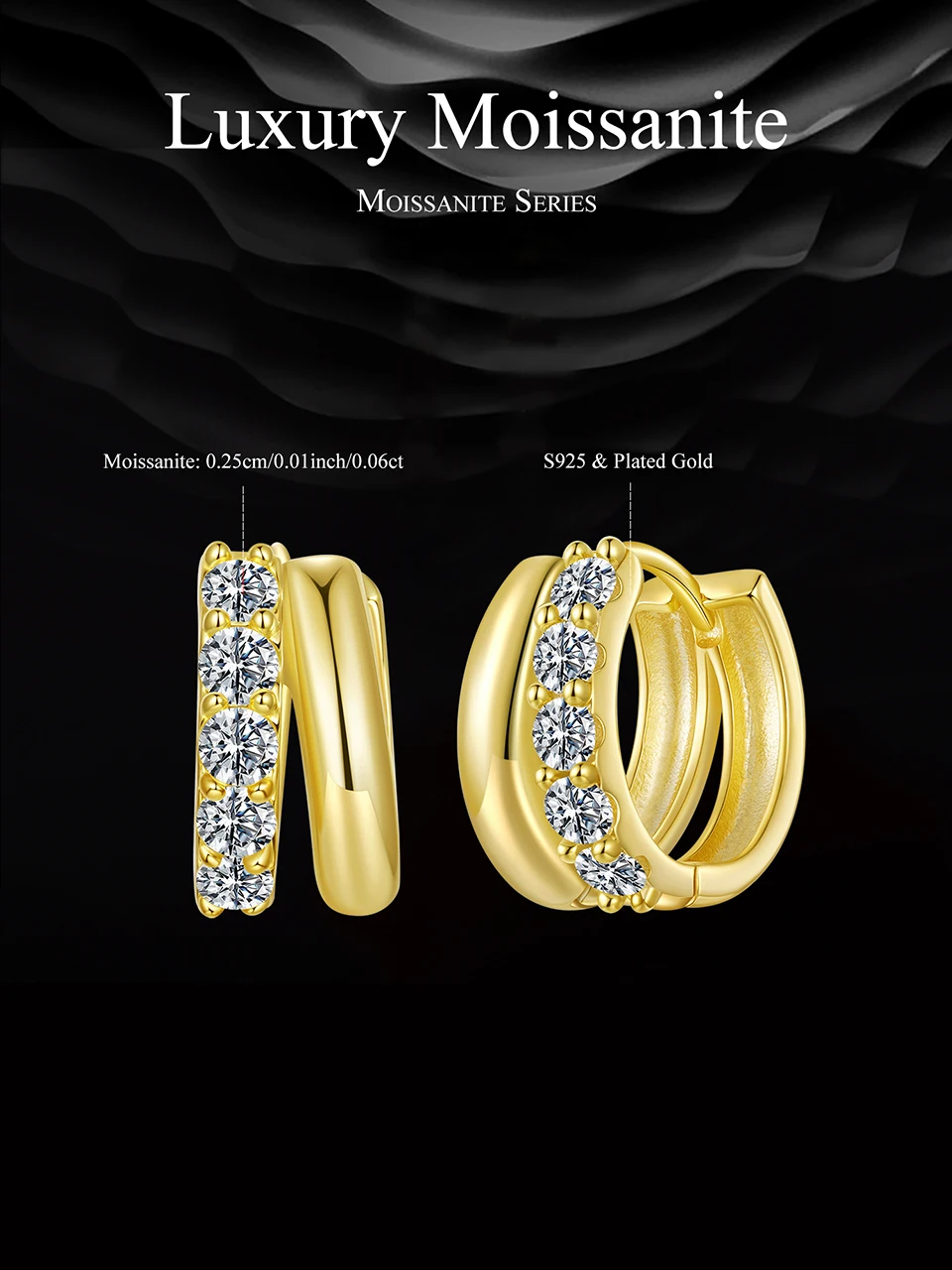 WOSTU Double-layer Moissanite Huggies Earrings For Women , 925 Sterling Silver 18K Gold Diamond Cut Sparkling Circle Earrings