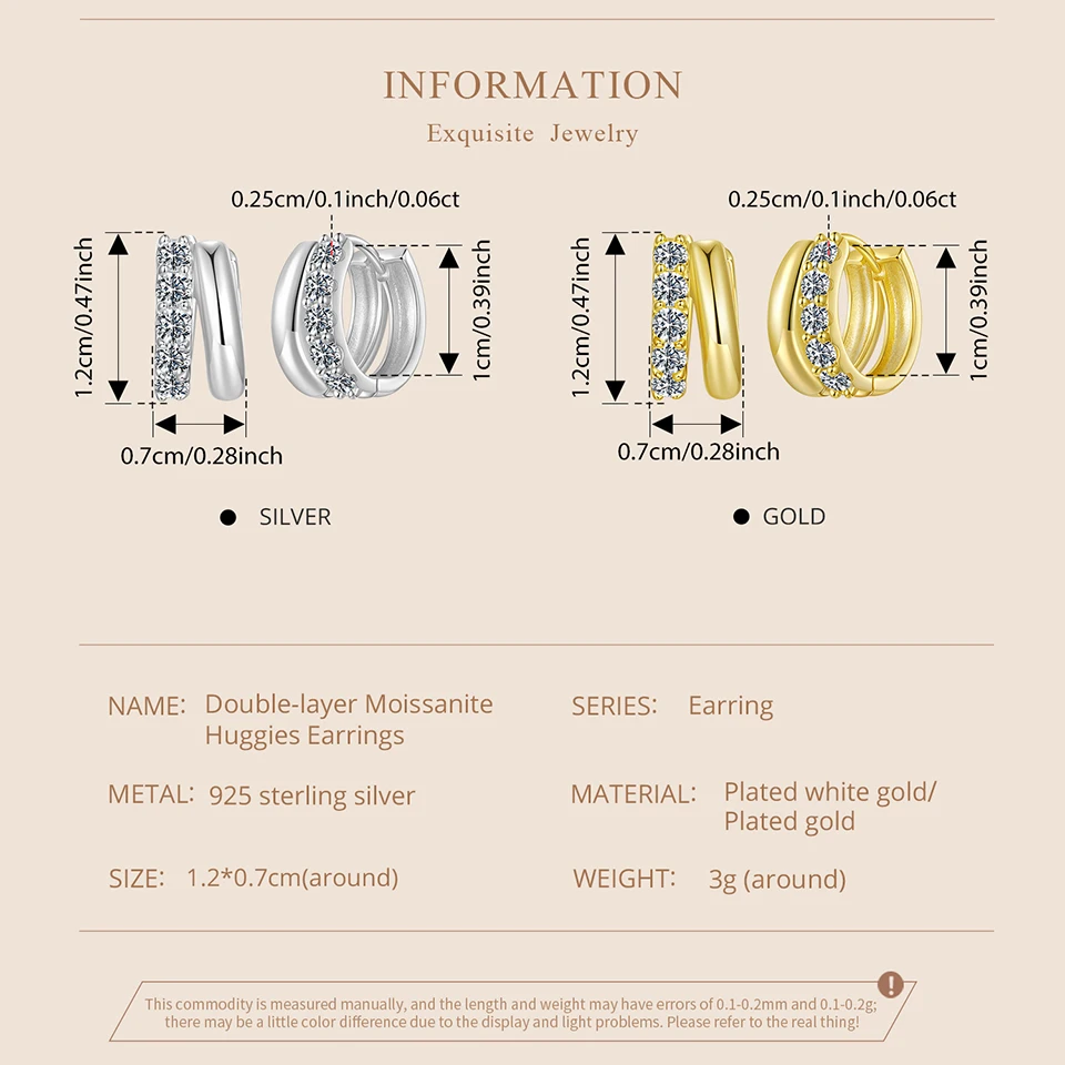 WOSTU Double-layer Moissanite Huggies Earrings For Women , 925 Sterling Silver 18K Gold Diamond Cut Sparkling Circle Earrings