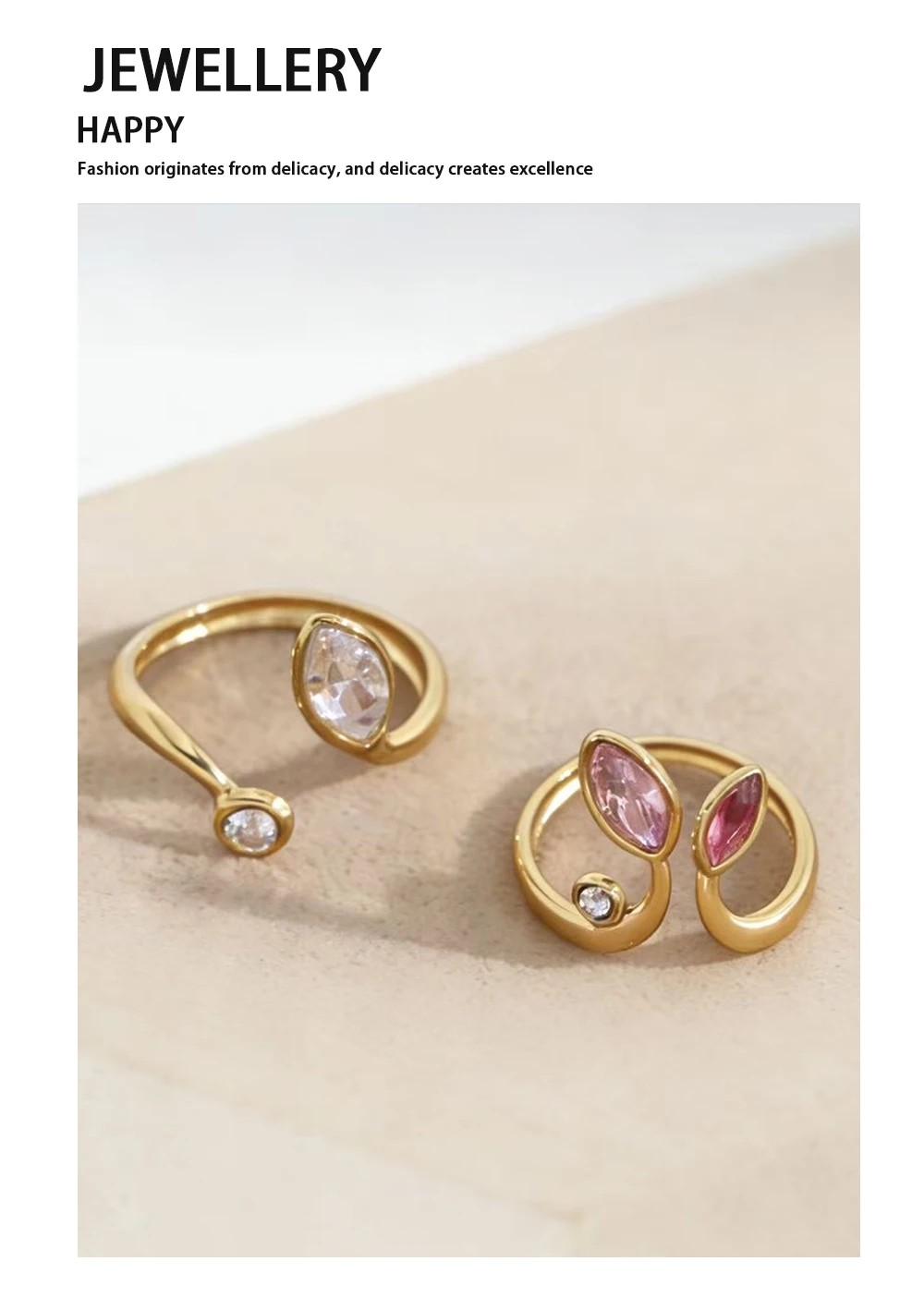 YACHAN New In Zircon Crystal Leaf Stainless Steel Rings for Women Chic Exquisite 18K Gold Plated Waterproof Jewelry