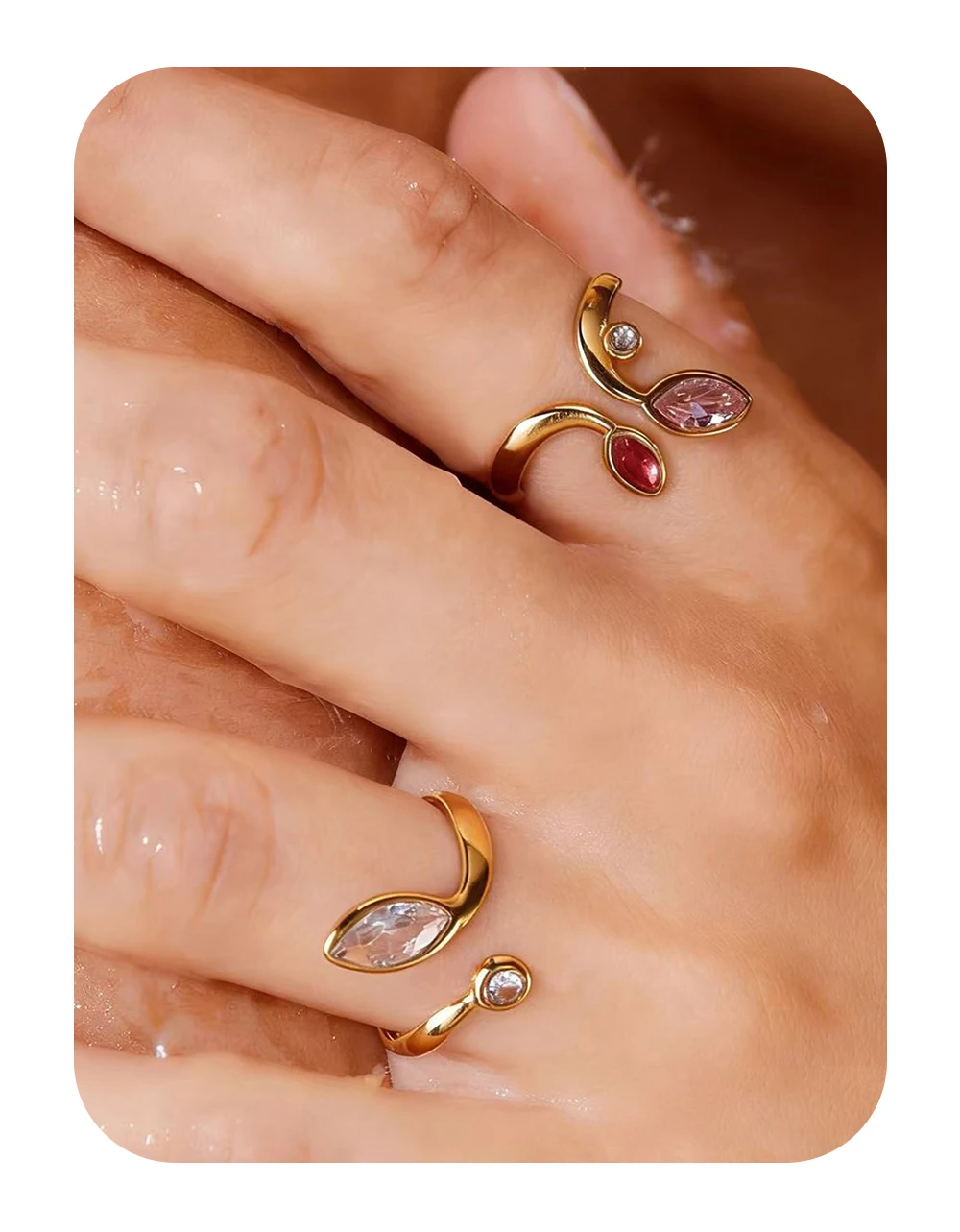 YACHAN New In Zircon Crystal Leaf Stainless Steel Rings for Women Chic Exquisite 18K Gold Plated Waterproof Jewelry