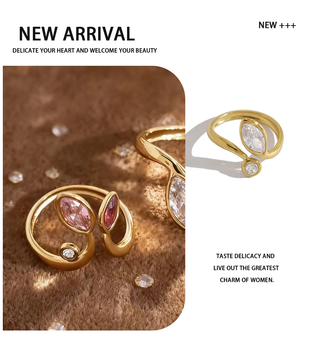 YACHAN New In Zircon Crystal Leaf Stainless Steel Rings for Women Chic Exquisite 18K Gold Plated Waterproof Jewelry