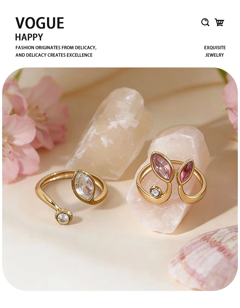 YACHAN New In Zircon Crystal Leaf Stainless Steel Rings for Women Chic Exquisite 18K Gold Plated Waterproof Jewelry