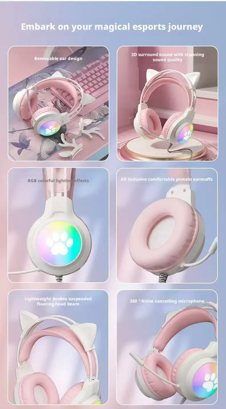 SOYTO Wired Gaming Headphones Detachable Cat Ears RGB Color Lighting with Clear Mic Soft Cushion ForComputer Game Live Streaming