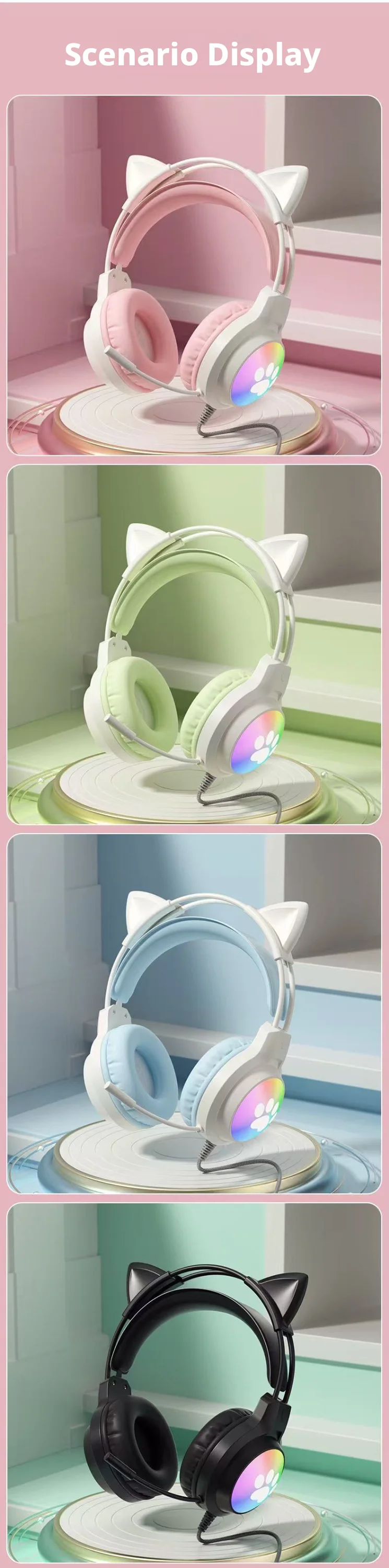 SOYTO Wired Gaming Headphones Detachable Cat Ears RGB Color Lighting with Clear Mic Soft Cushion ForComputer Game Live Streaming