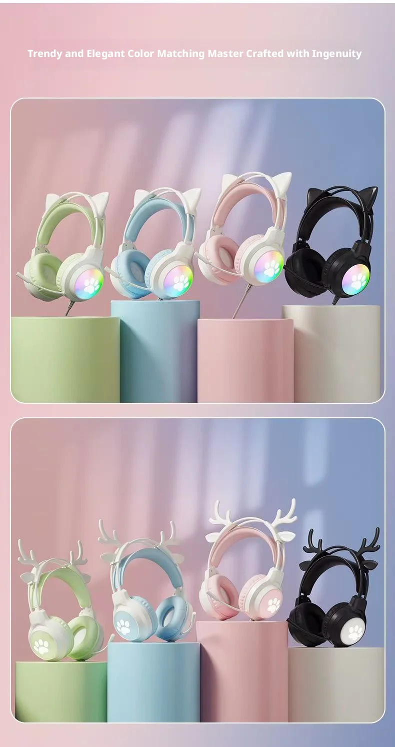 SOYTO Wired Gaming Headphones Detachable Cat Ears RGB Color Lighting with Clear Mic Soft Cushion ForComputer Game Live Streaming