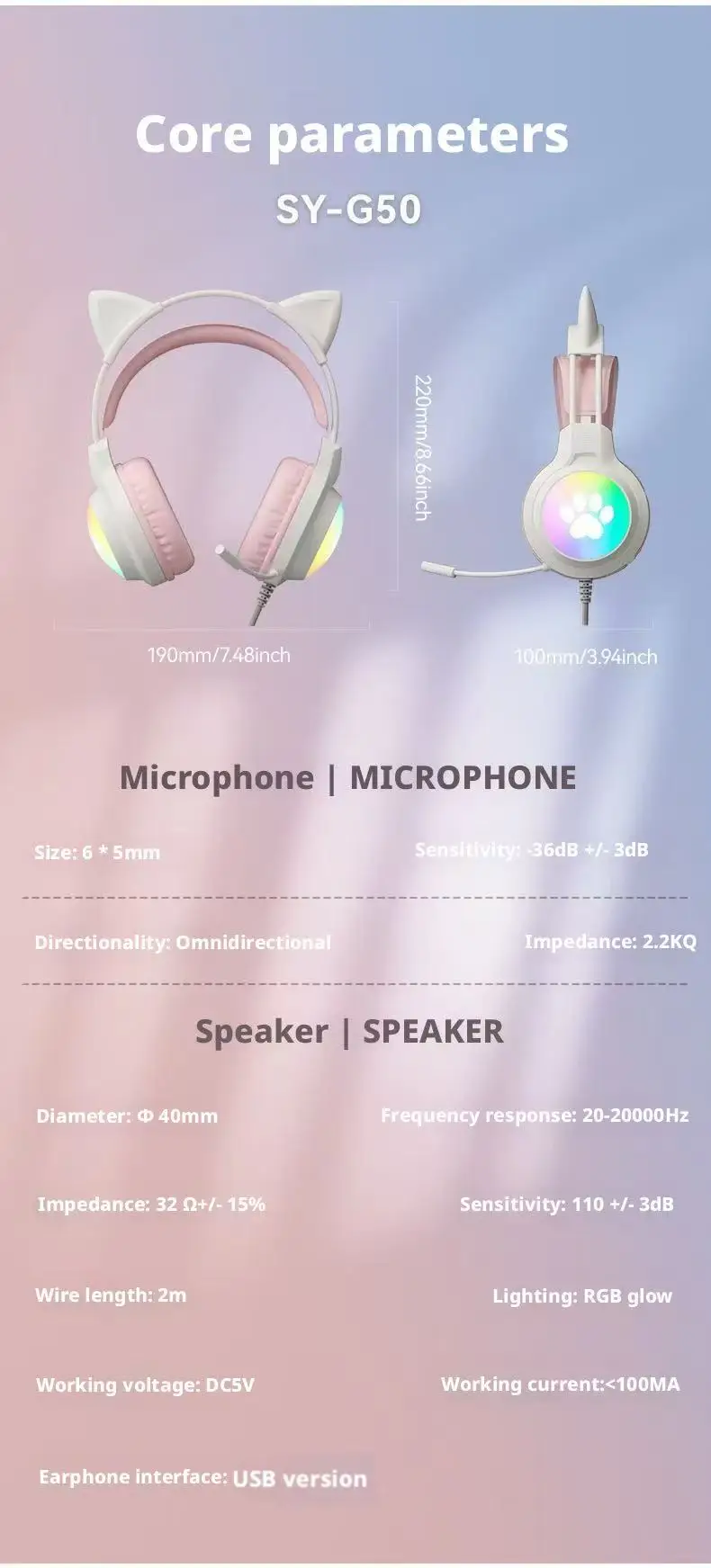 SOYTO Wired Gaming Headphones Detachable Cat Ears RGB Color Lighting with Clear Mic Soft Cushion ForComputer Game Live Streaming