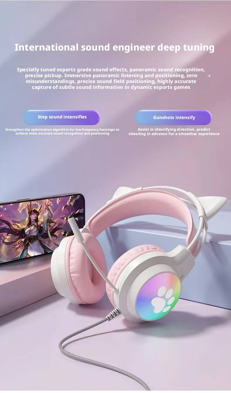 SOYTO Wired Gaming Headphones Detachable Cat Ears RGB Color Lighting with Clear Mic Soft Cushion ForComputer Game Live Streaming
