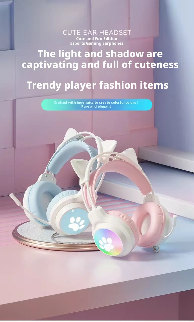 SOYTO Wired Gaming Headphones Detachable Cat Ears RGB Color Lighting with Clear Mic Soft Cushion ForComputer Game Live Streaming