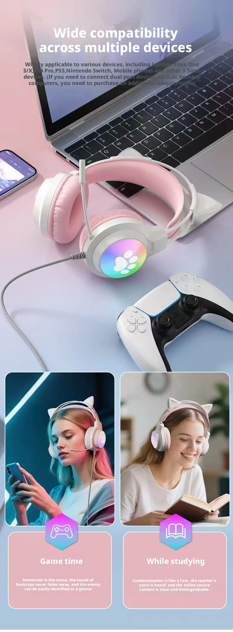 SOYTO Wired Gaming Headphones Detachable Cat Ears RGB Color Lighting with Clear Mic Soft Cushion ForComputer Game Live Streaming