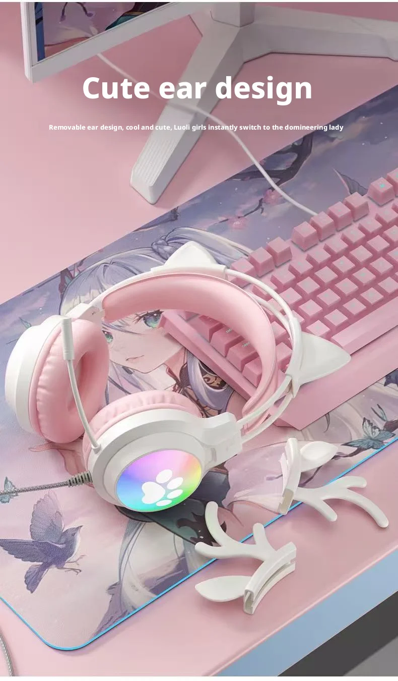 SOYTO Wired Gaming Headphones Detachable Cat Ears RGB Color Lighting with Clear Mic Soft Cushion ForComputer Game Live Streaming