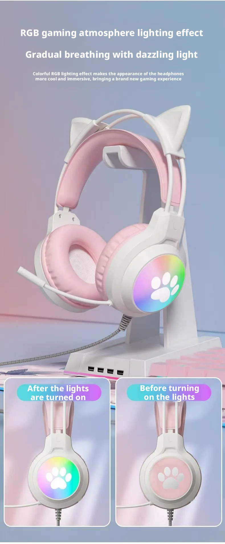 SOYTO Wired Gaming Headphones Detachable Cat Ears RGB Color Lighting with Clear Mic Soft Cushion ForComputer Game Live Streaming