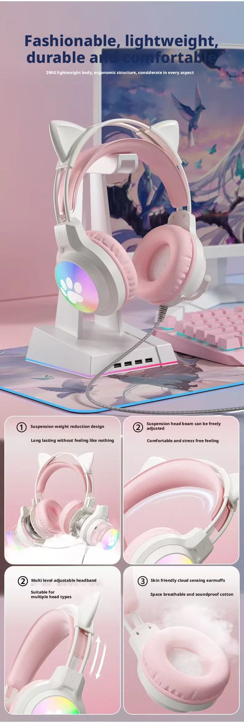 SOYTO Wired Gaming Headphones Detachable Cat Ears RGB Color Lighting with Clear Mic Soft Cushion ForComputer Game Live Streaming