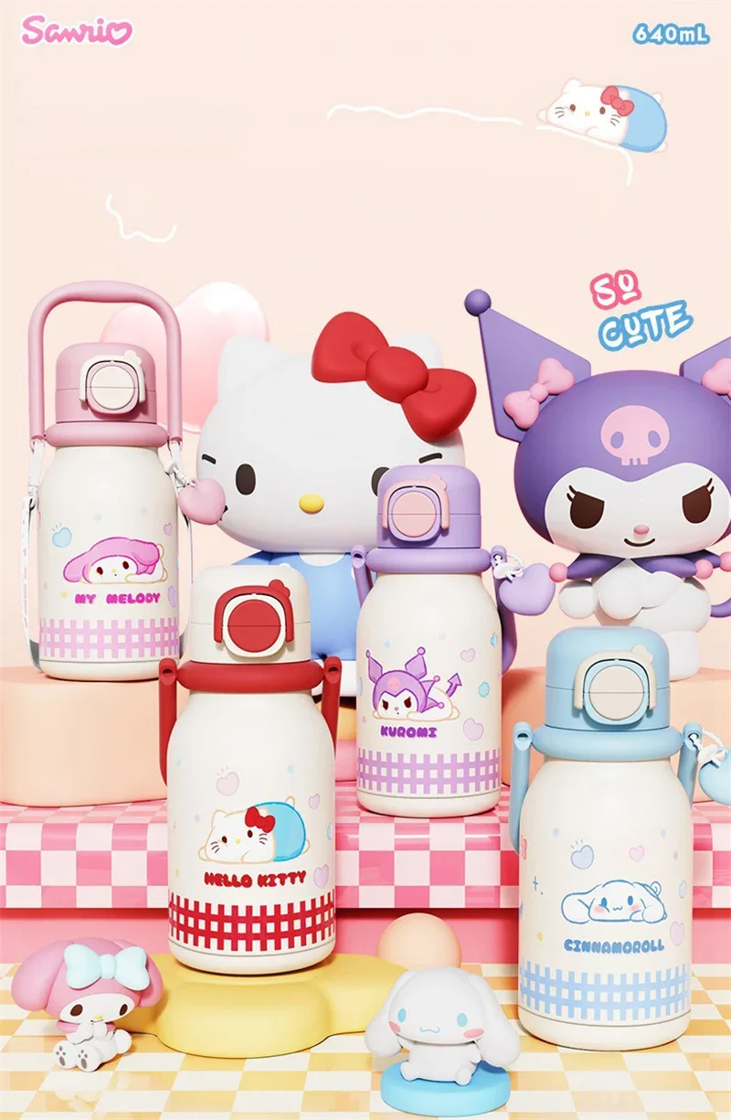 X&W640ML Stainless Steel Kawaii Sanrio Hello Kitty Insulated Water Bottle Straw Cup Vacuum Cup Portable Outdoor Ice Bucket