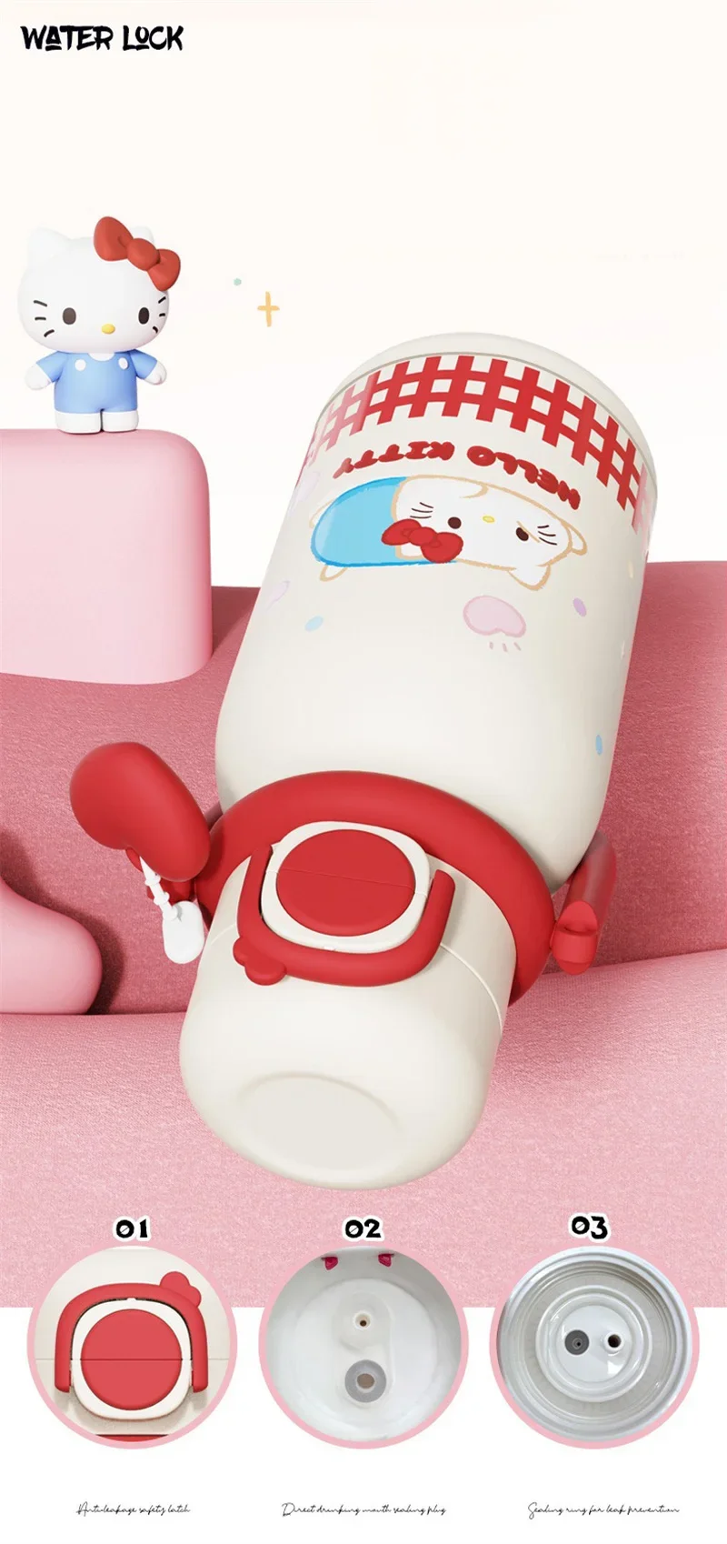 X&W640ML Stainless Steel Kawaii Sanrio Hello Kitty Insulated Water Bottle Straw Cup Vacuum Cup Portable Outdoor Ice Bucket