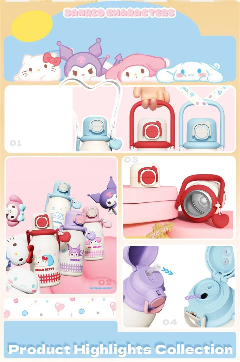 X&W640ML Stainless Steel Kawaii Sanrio Hello Kitty Insulated Water Bottle Straw Cup Vacuum Cup Portable Outdoor Ice Bucket